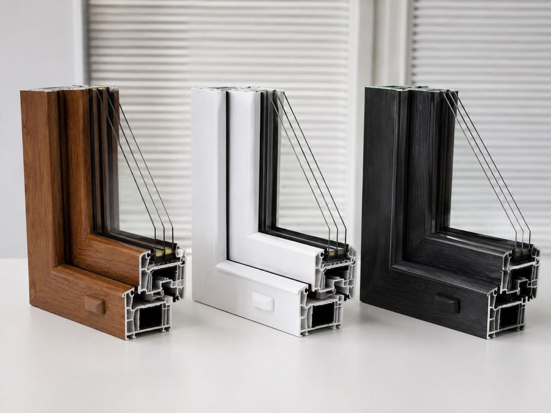 Drie kunststof profielmonsters naast elkaar: houtnerf, wit en antraciet